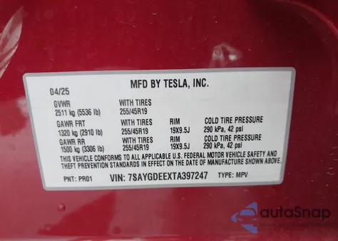 2026 Tesla Model Y Long Range Launch Series/Premium All-Wheel Drive из США, поврежденный, VIN 7SAYGDEEXTA397247